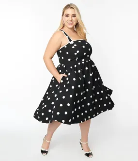 Black and Ivory Flocked Polka Dot Pinafore Swing Dress