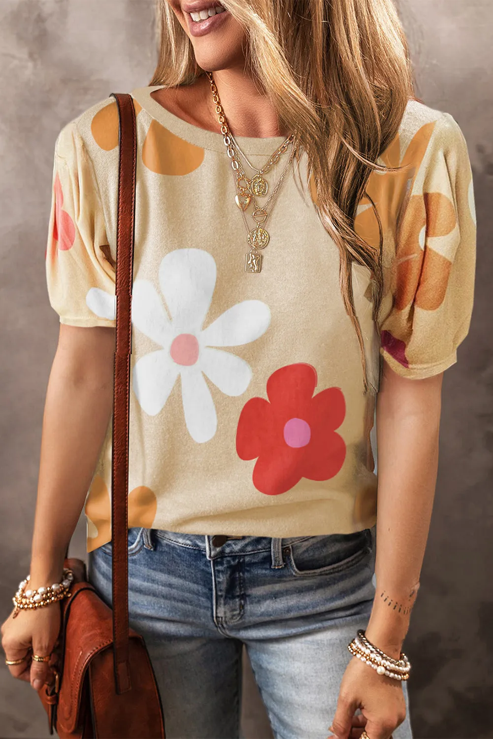 Flower Print Bubble Sleeve Tee