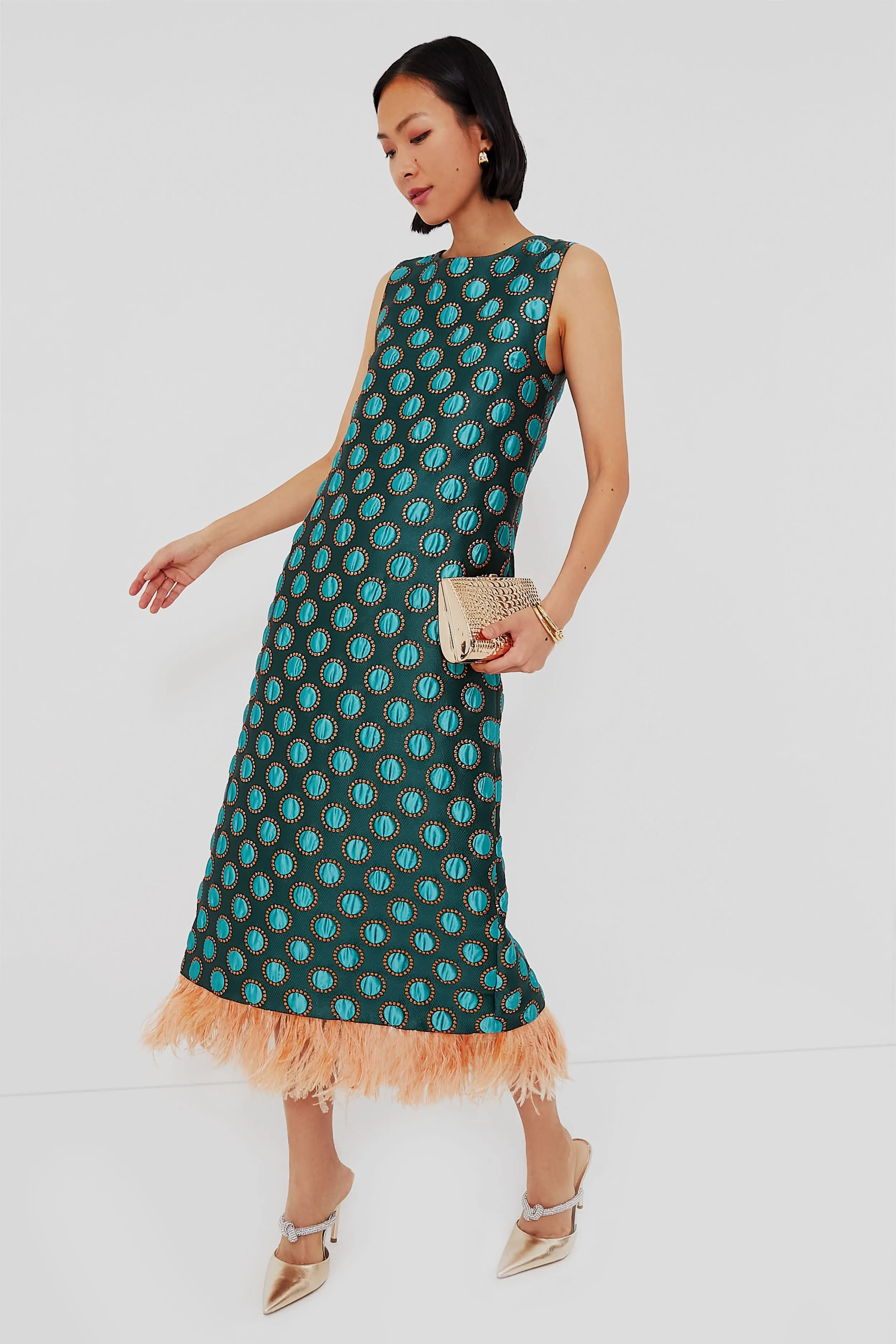 Jacquard Winter Sun Column Dress with Feathers